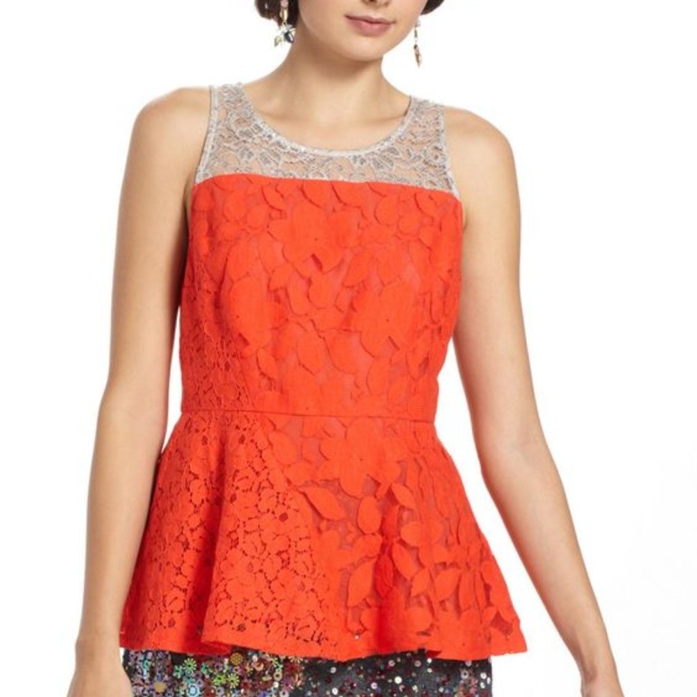 ANTHROPOLOGIE Glitzen Lace Peplum Top Sleeveless Red with Metallic Detail